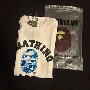 Bape White Tee with Blue Camo Ape Logo